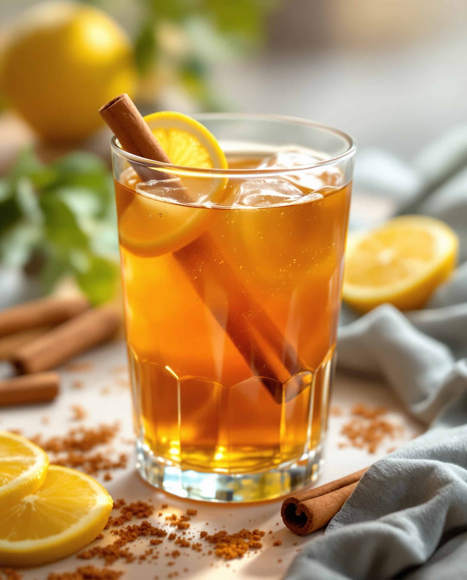 Close-up of ambre-doré ACV cinnamon weight loss drink, cinnamon stick detail.