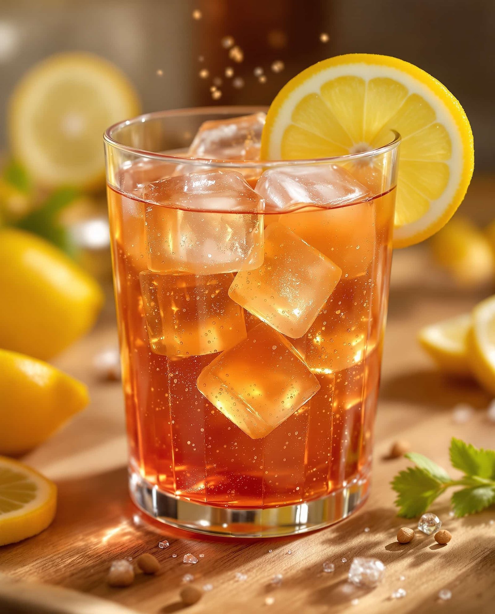 Close-up of ambre-doré ACV and gelatin drink with lemon
