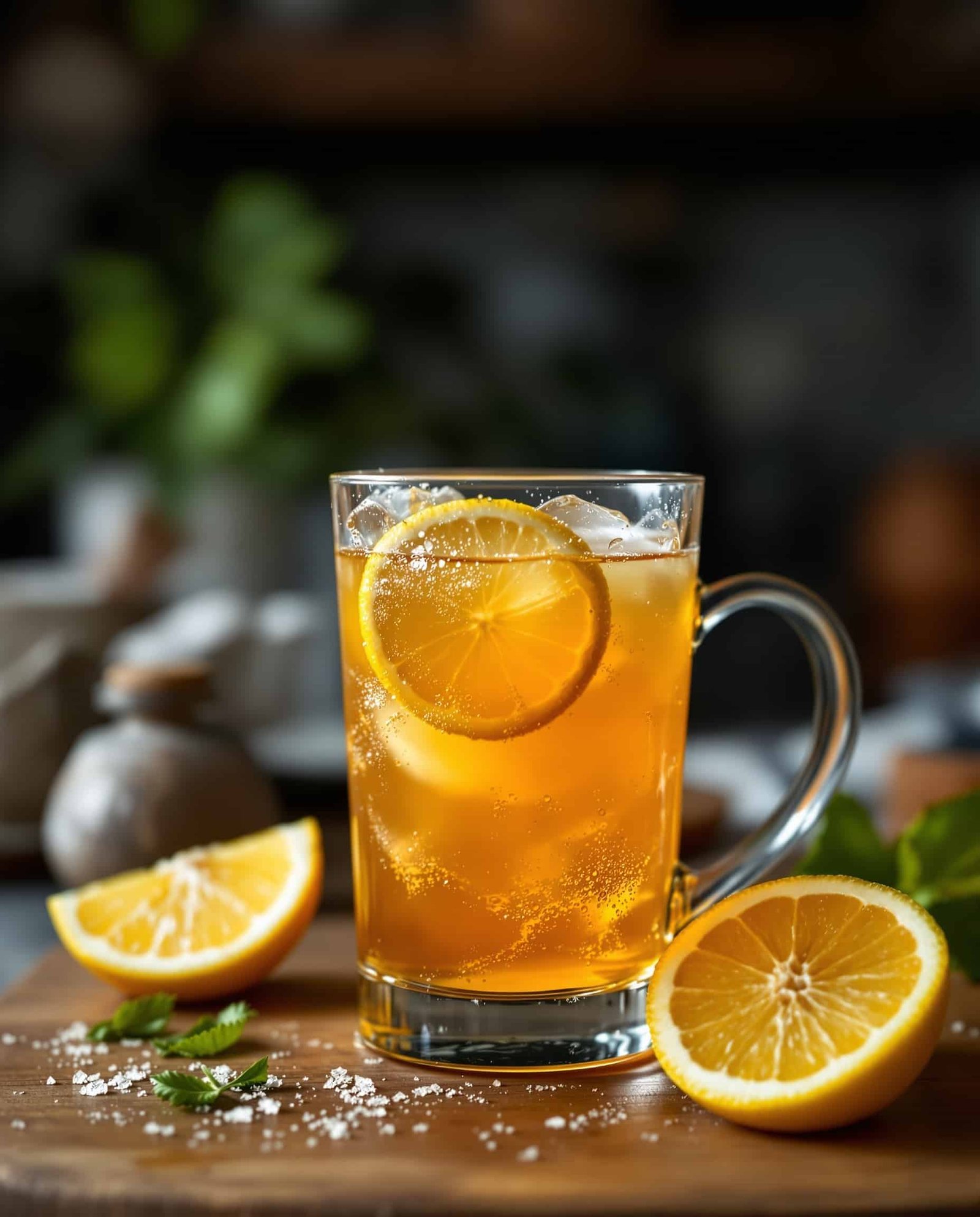 Close-up of ambre-doré ACV honey drink with lemon garnish.