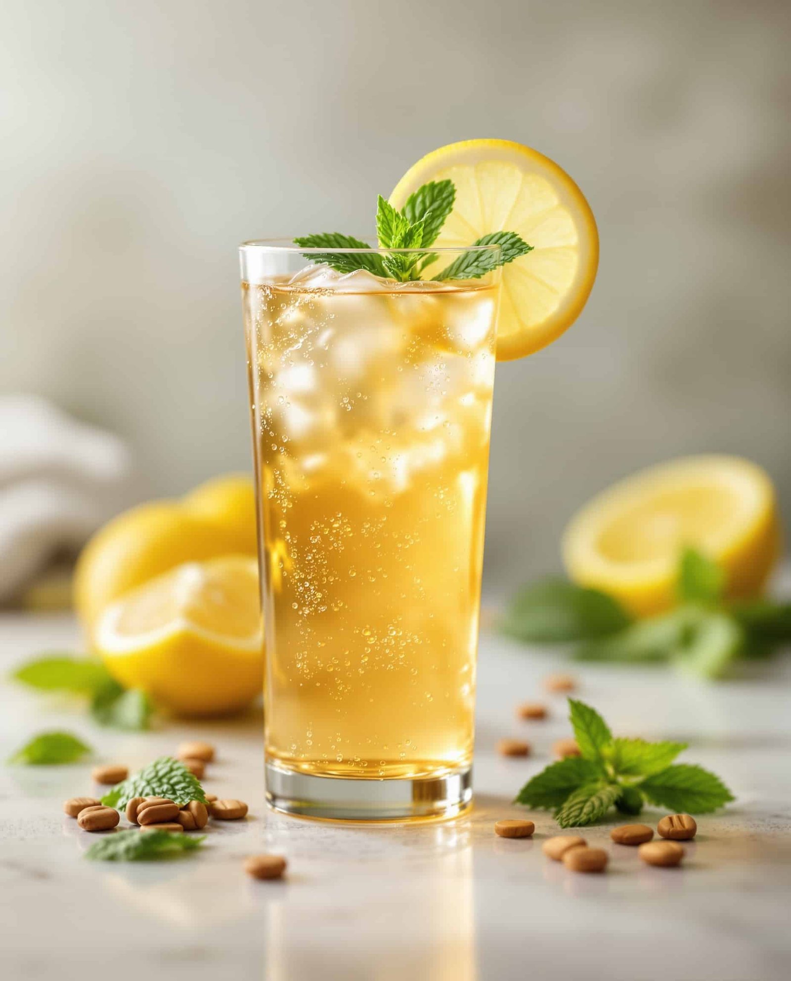 Close-up of translucent ACV prebiotic drink with subtle sediment.