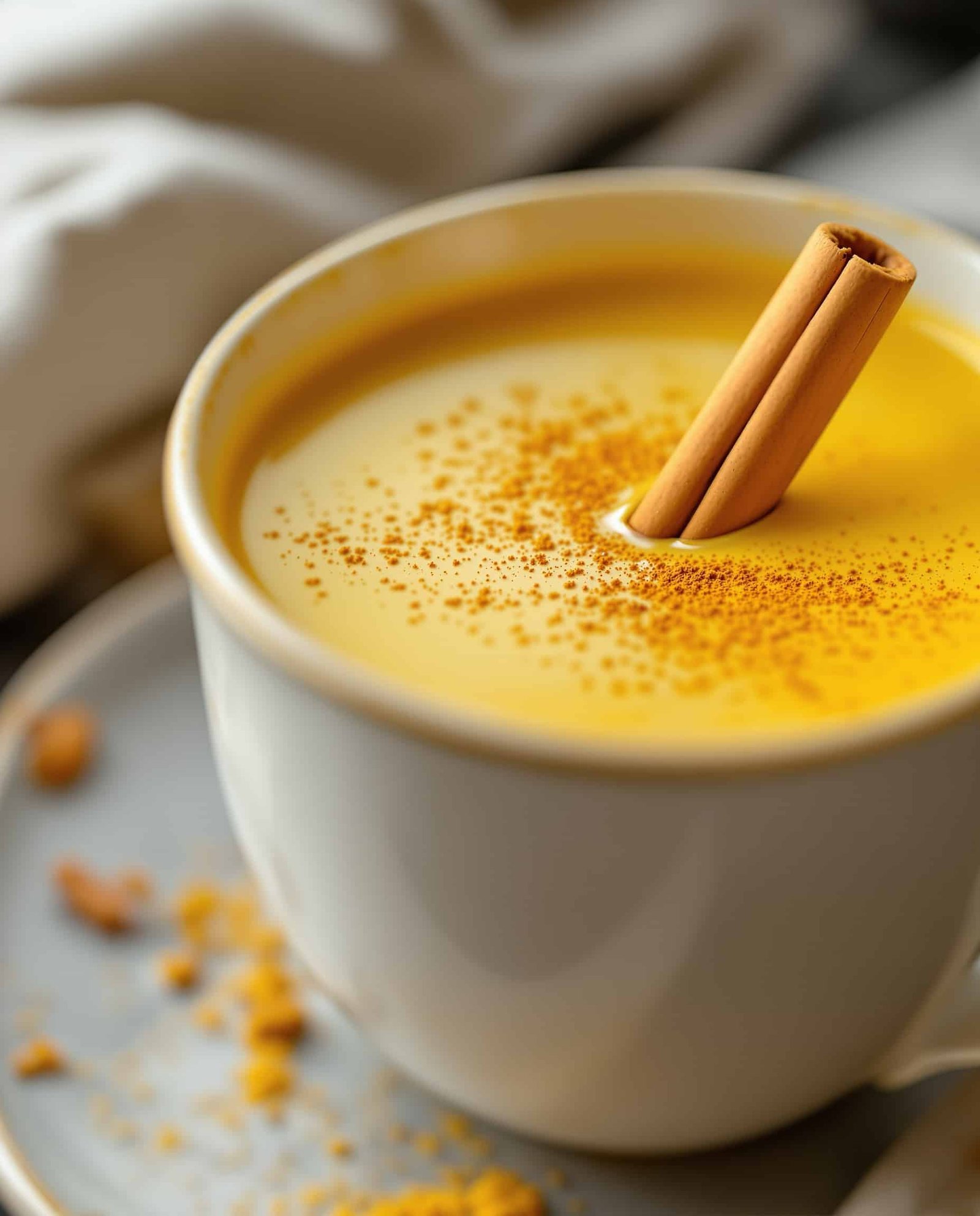 Close-up of Anti-Inflammatory Turmeric Golden Milk with cinnamon stick.