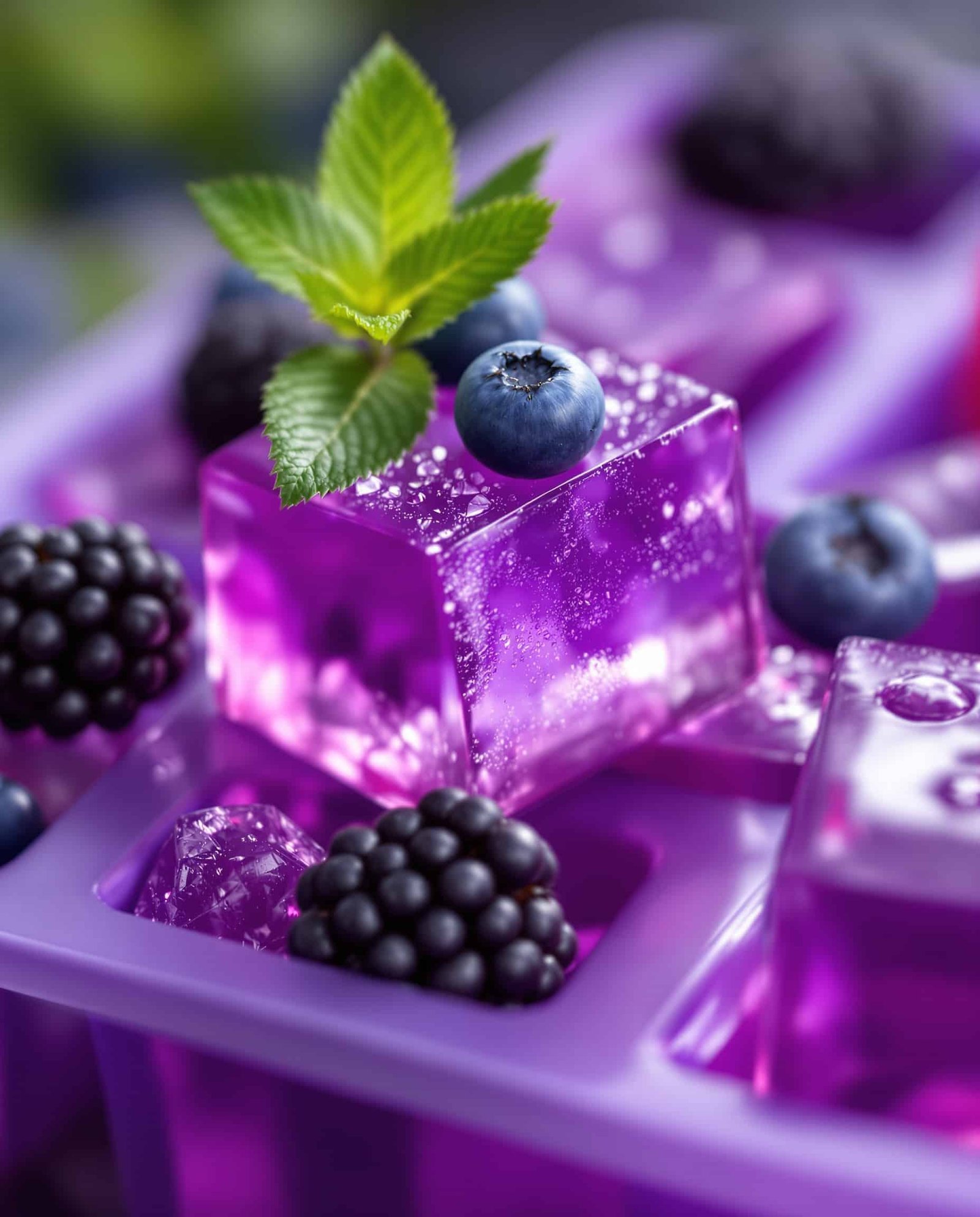 Close-up of jiggly, deep purple bariatric gelatin cubes with berry garnish.