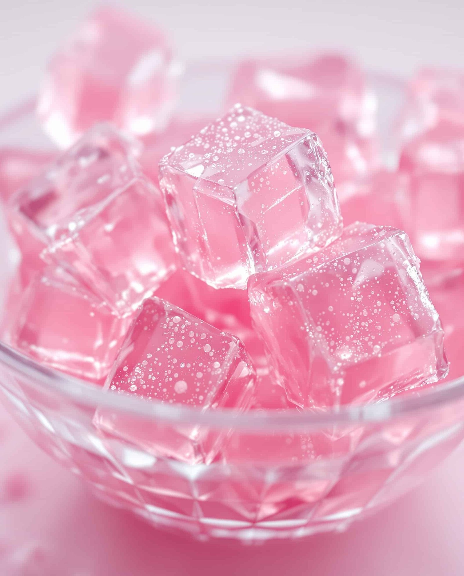 Close-up of rose transparent jiggly sugar-free gelatin cubes.