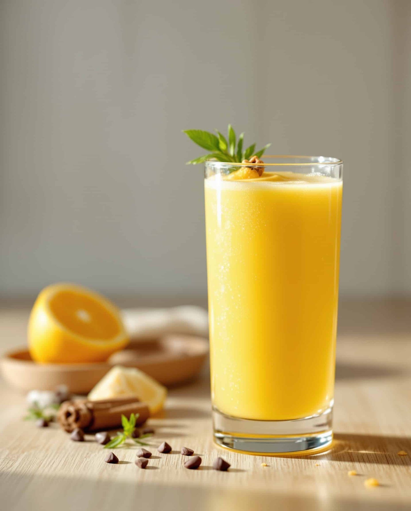 Close-up of verre yellow cortisol belly fat drink recipe texture.