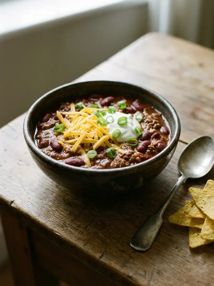 A bowl of crockpot chili with kidney beans topped with grated cheddar, soured cream and sliced spring onions
