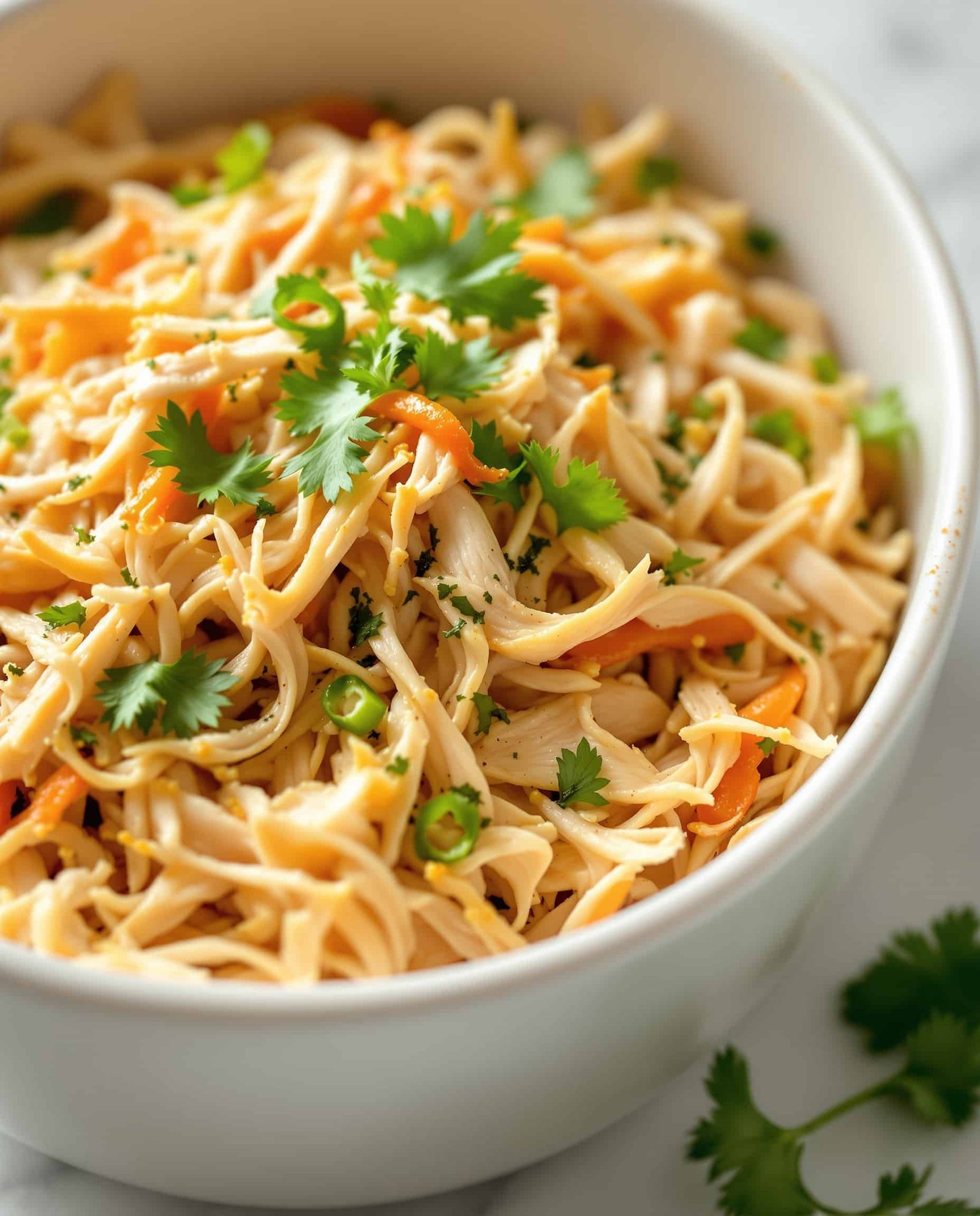 Close-up of a high-protein doré shredded chicken bowl, an easy leftover rotisserie chicken recipe.