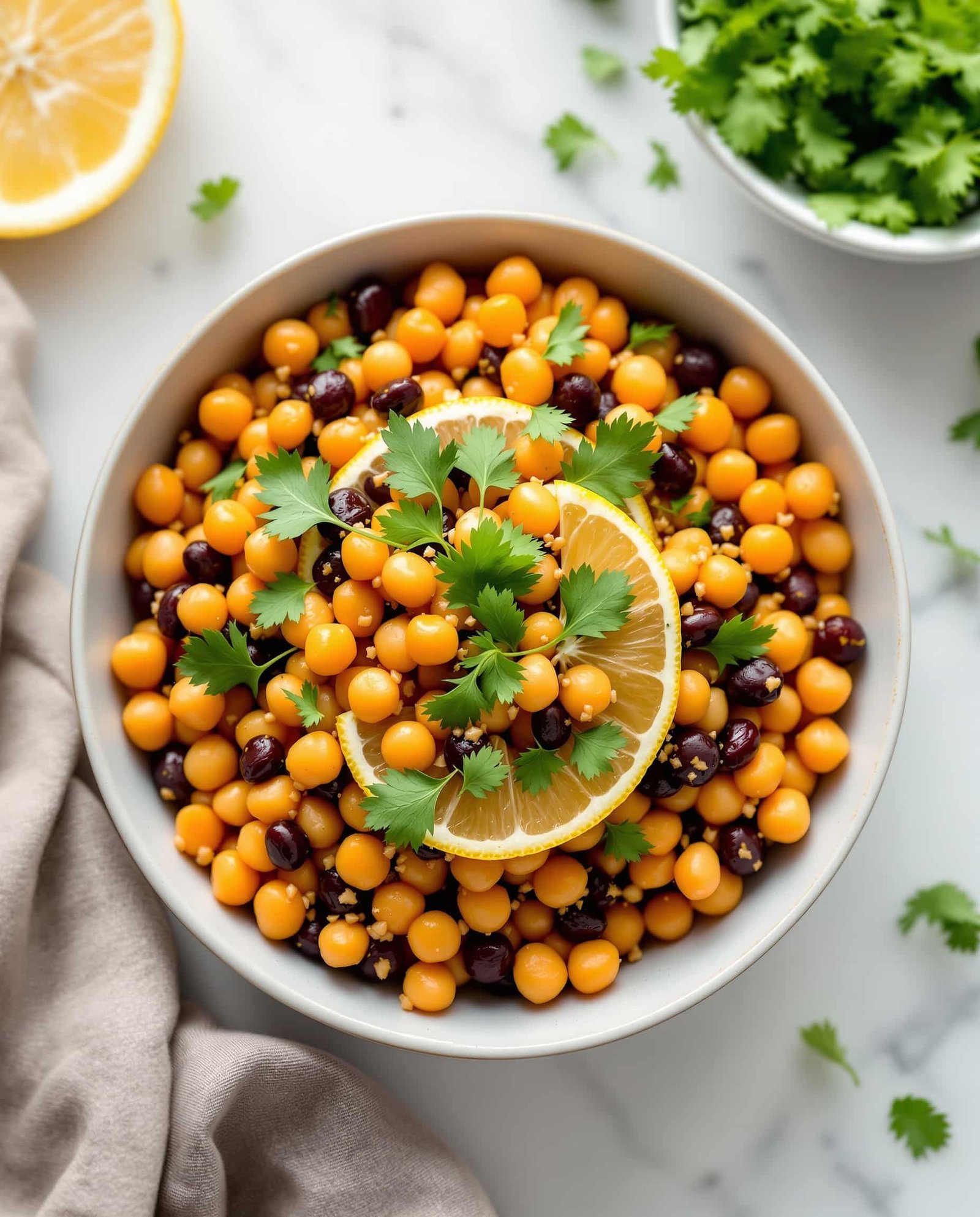 Close-up of vert-orange fibermaxxing chickpea black bean salad with lemon dressing.