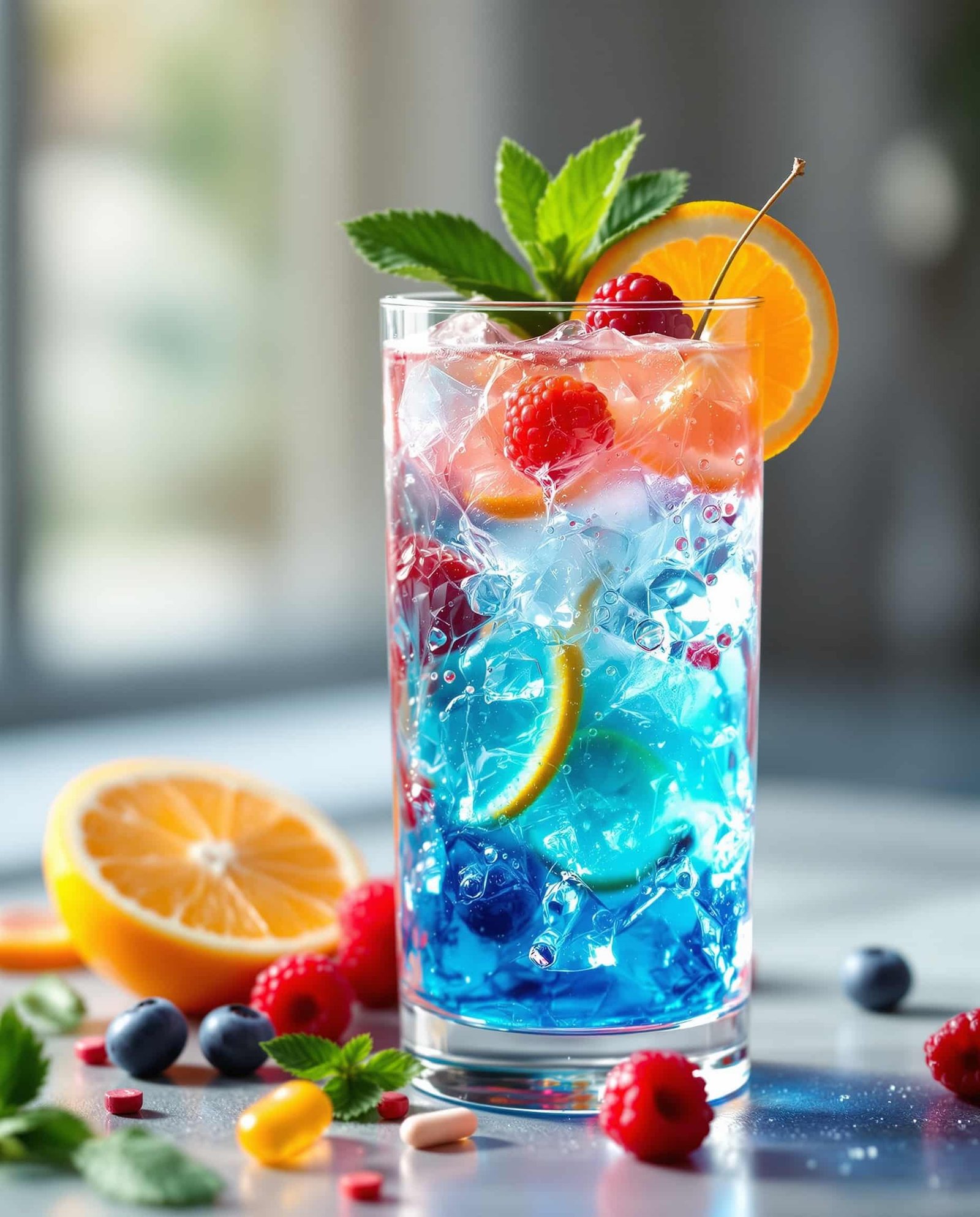 Close-up of jiggling Gelatide drops in a tall glass.