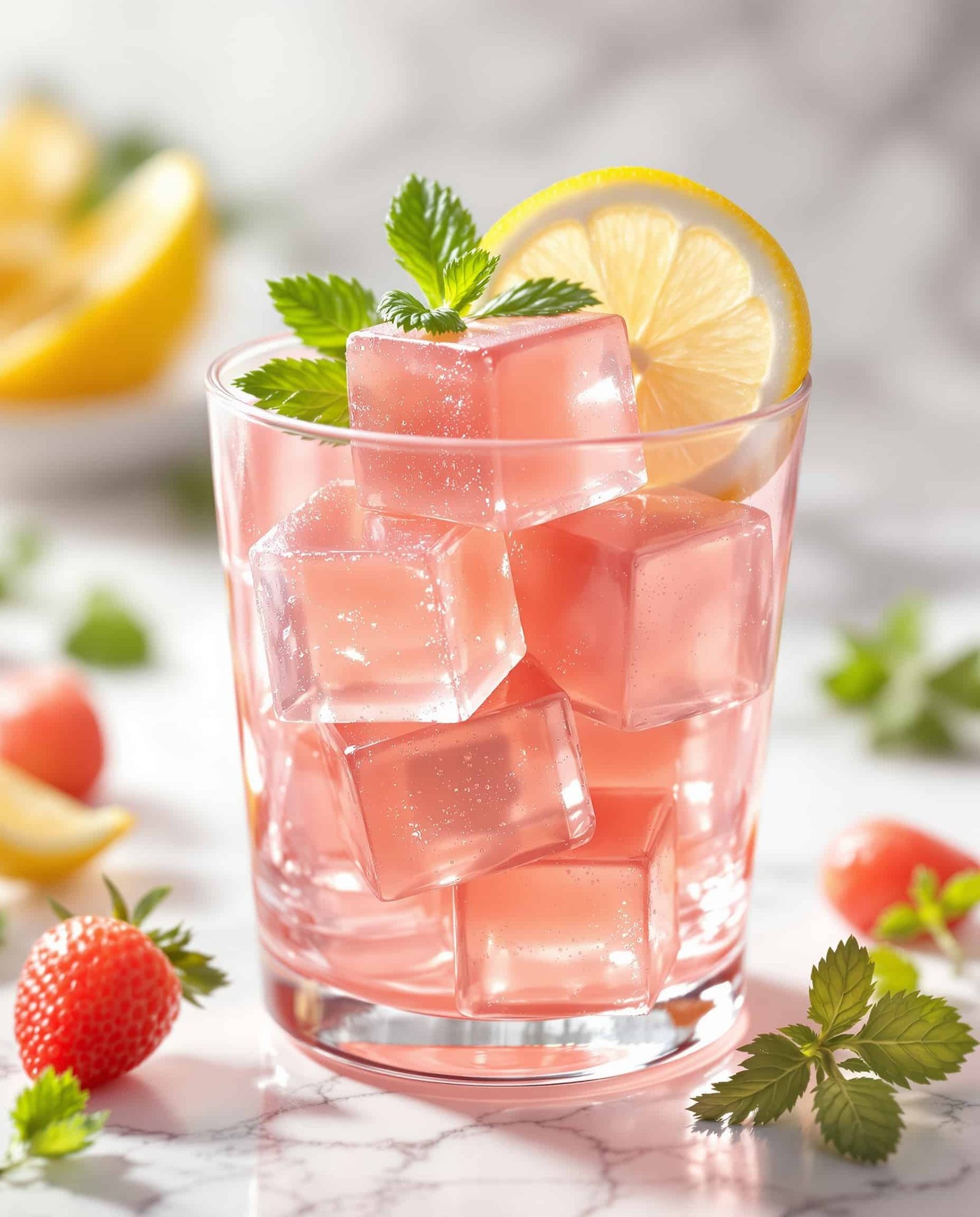 Close-up of vert-rose gelatin detox cleanse cubes.