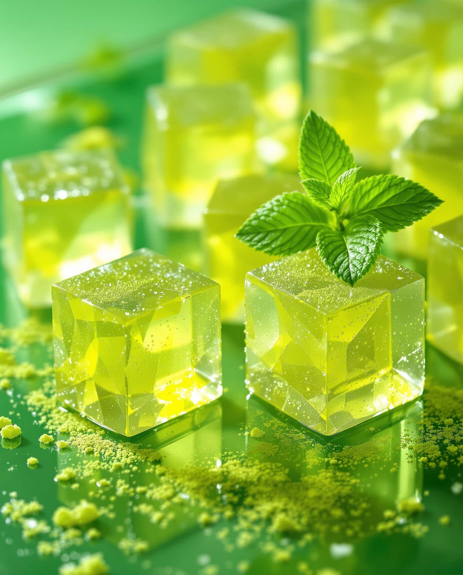 Close-up of vert-transparent moringa powder gelatin cubes.