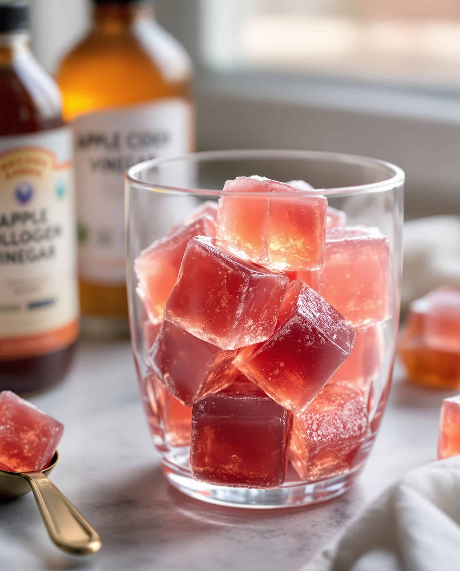 Close-up of ambre-rose gelatin cubes, collagen, and ACV for weight loss.
