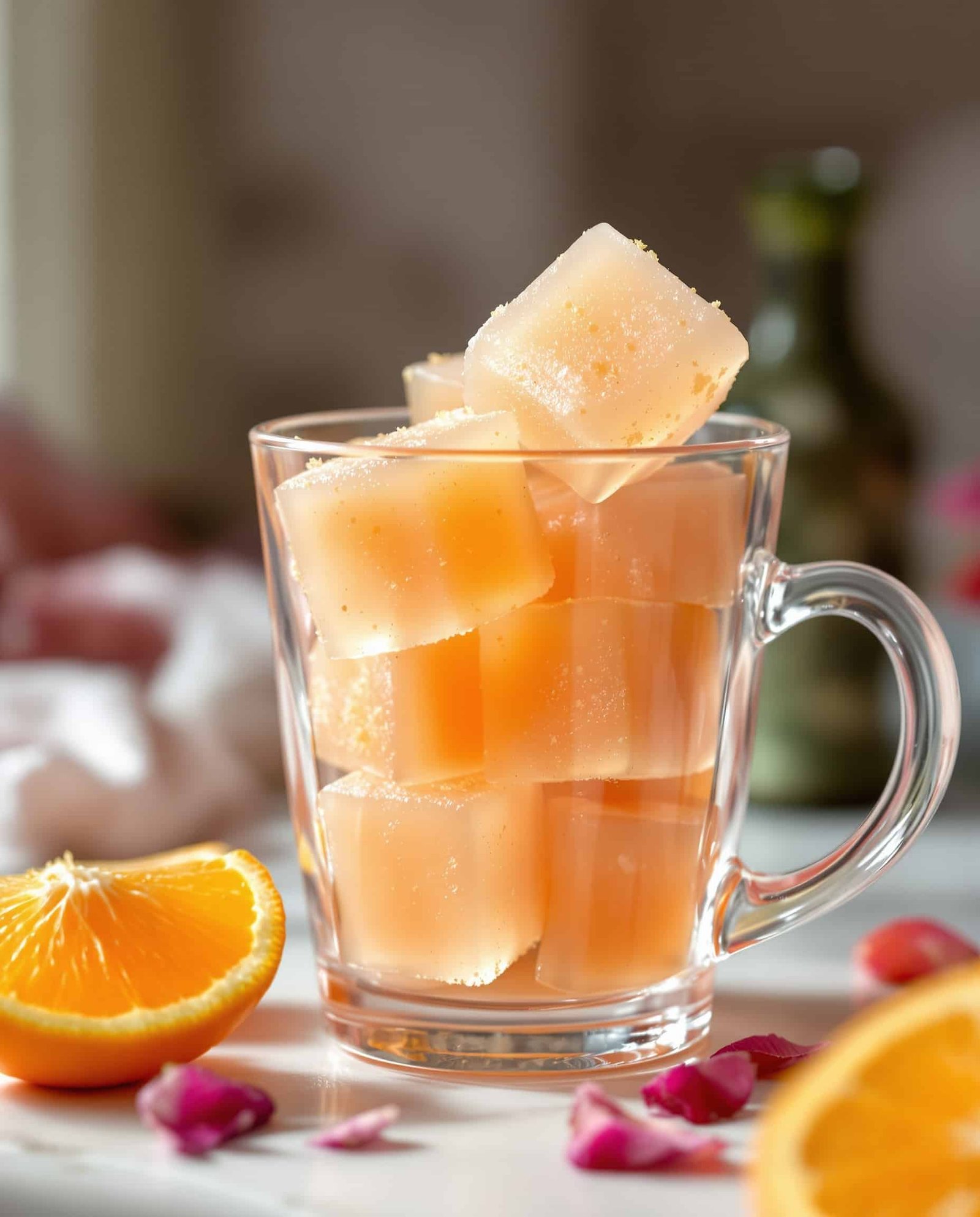 Close-up of jiggly orange-rose cayenne ginger gelatin cubes.