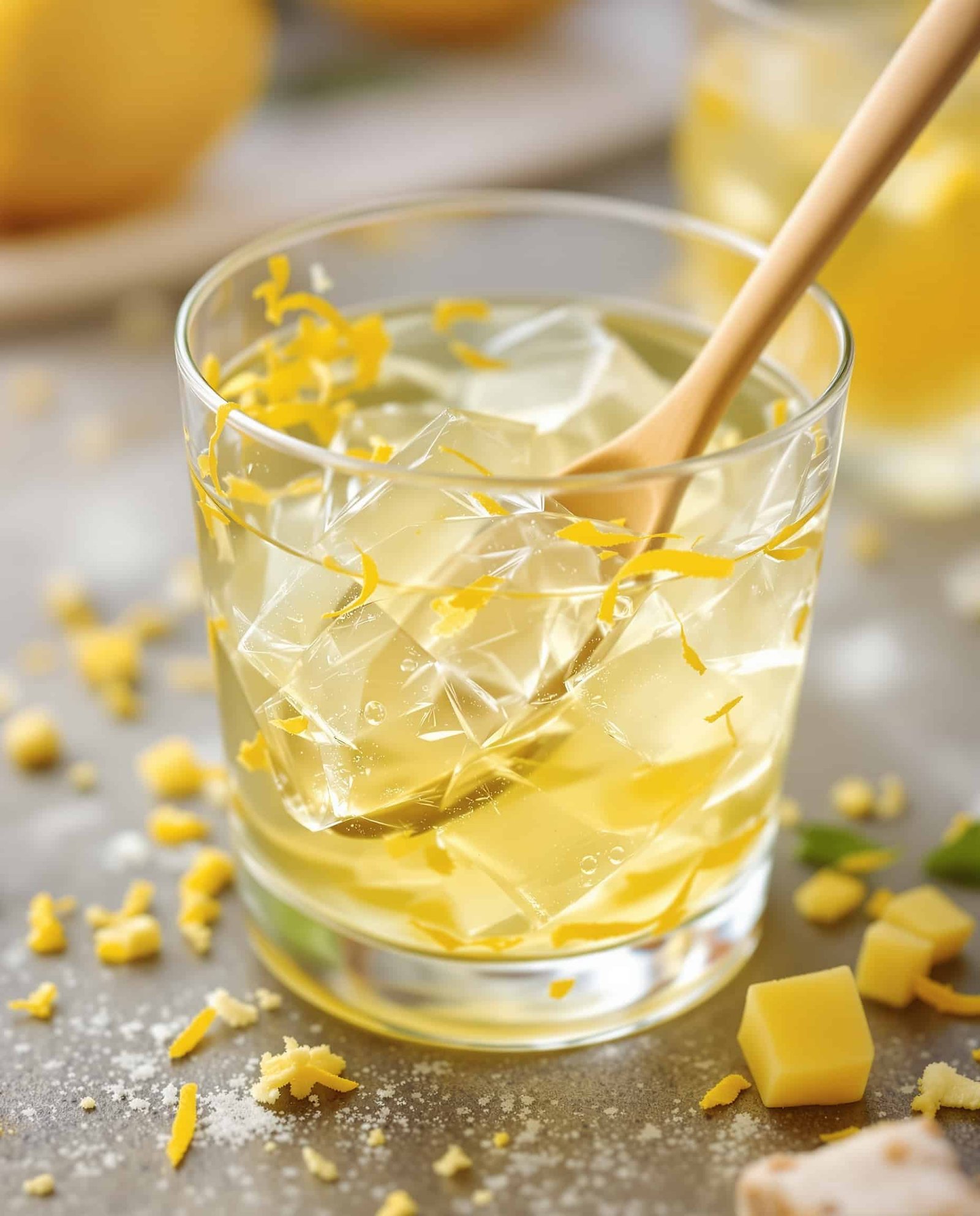 Close-up of jaune-vert gelatin trick with ginger lemon texture.