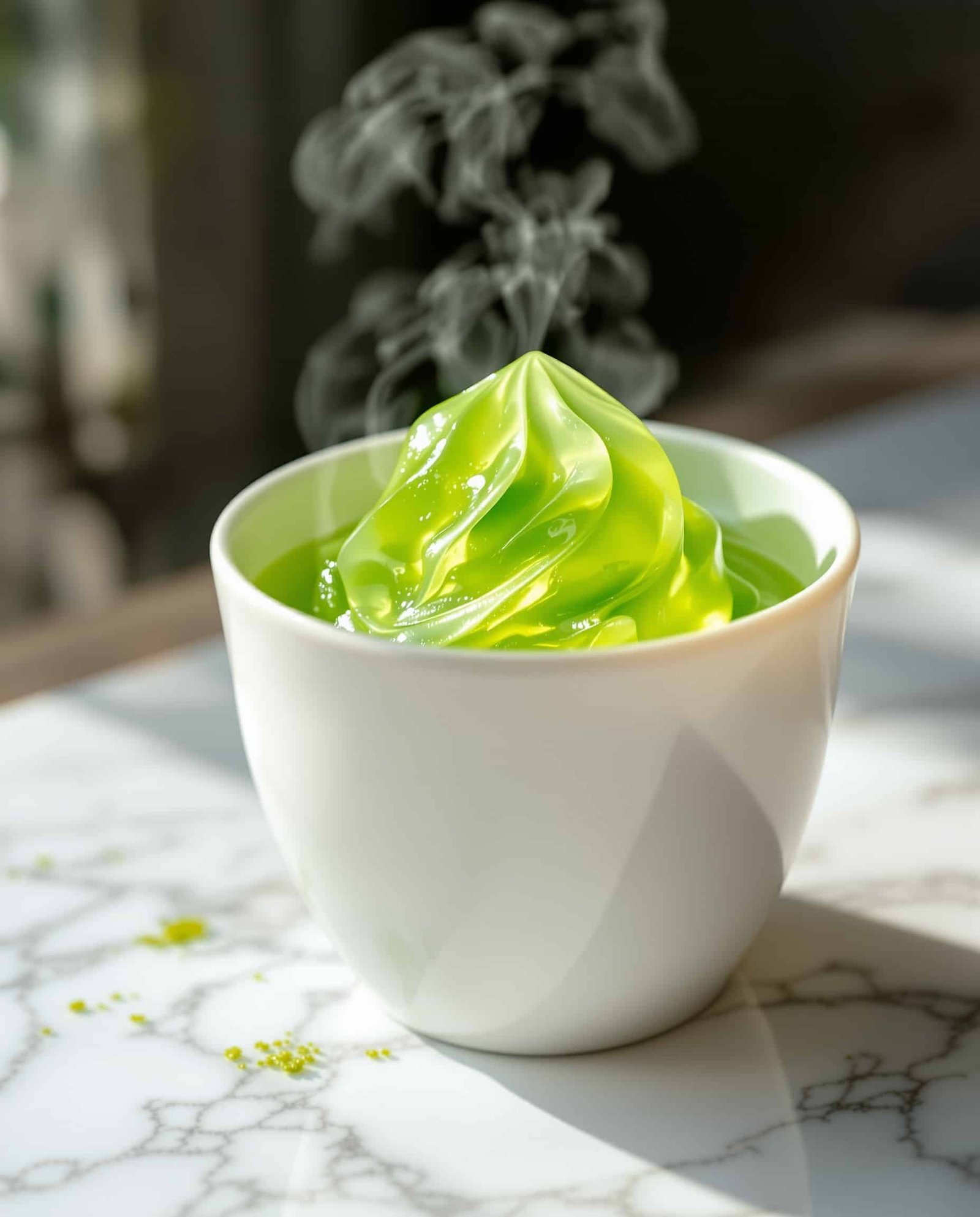 Close-up of jiggly green tea gelatin, a low-calorie gelatin trick recipe.