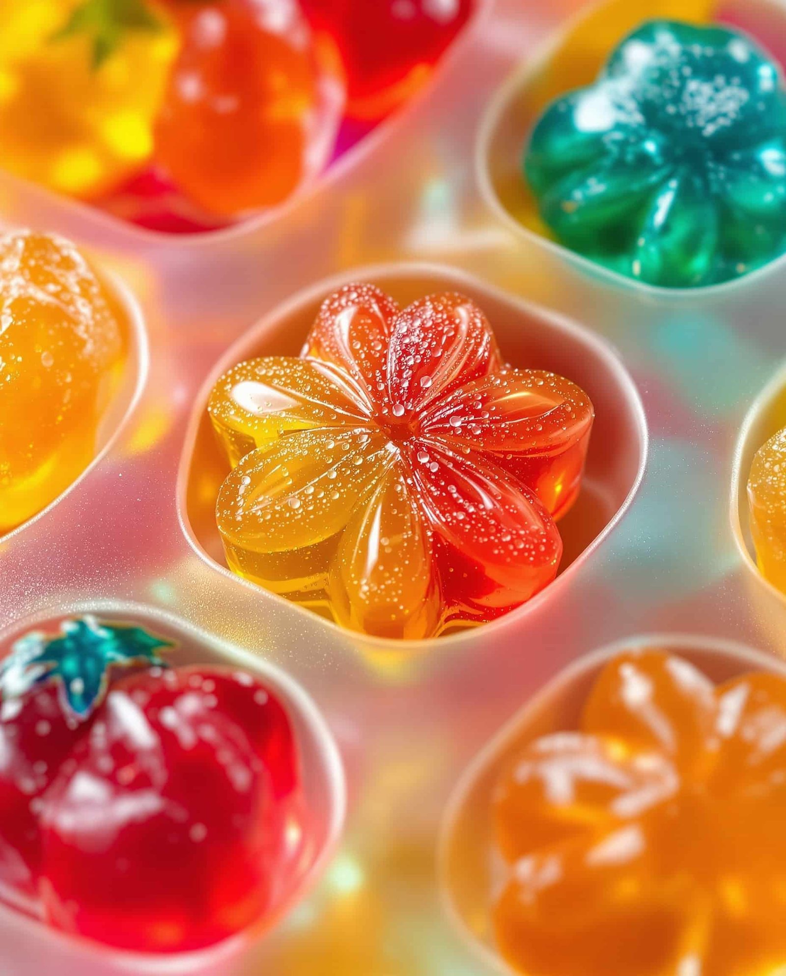 Close-up of multicolore fruit-shaped gut healing gelatin gummies.