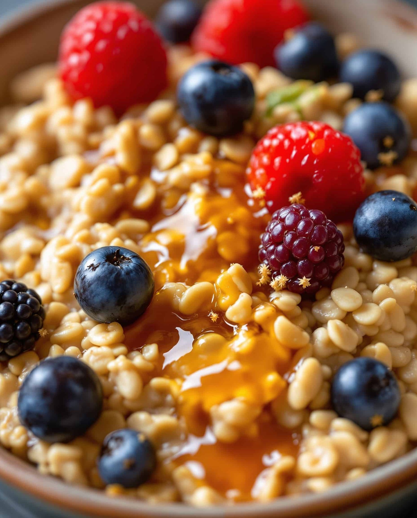 Close-up of beige-doré high protein baked oats.