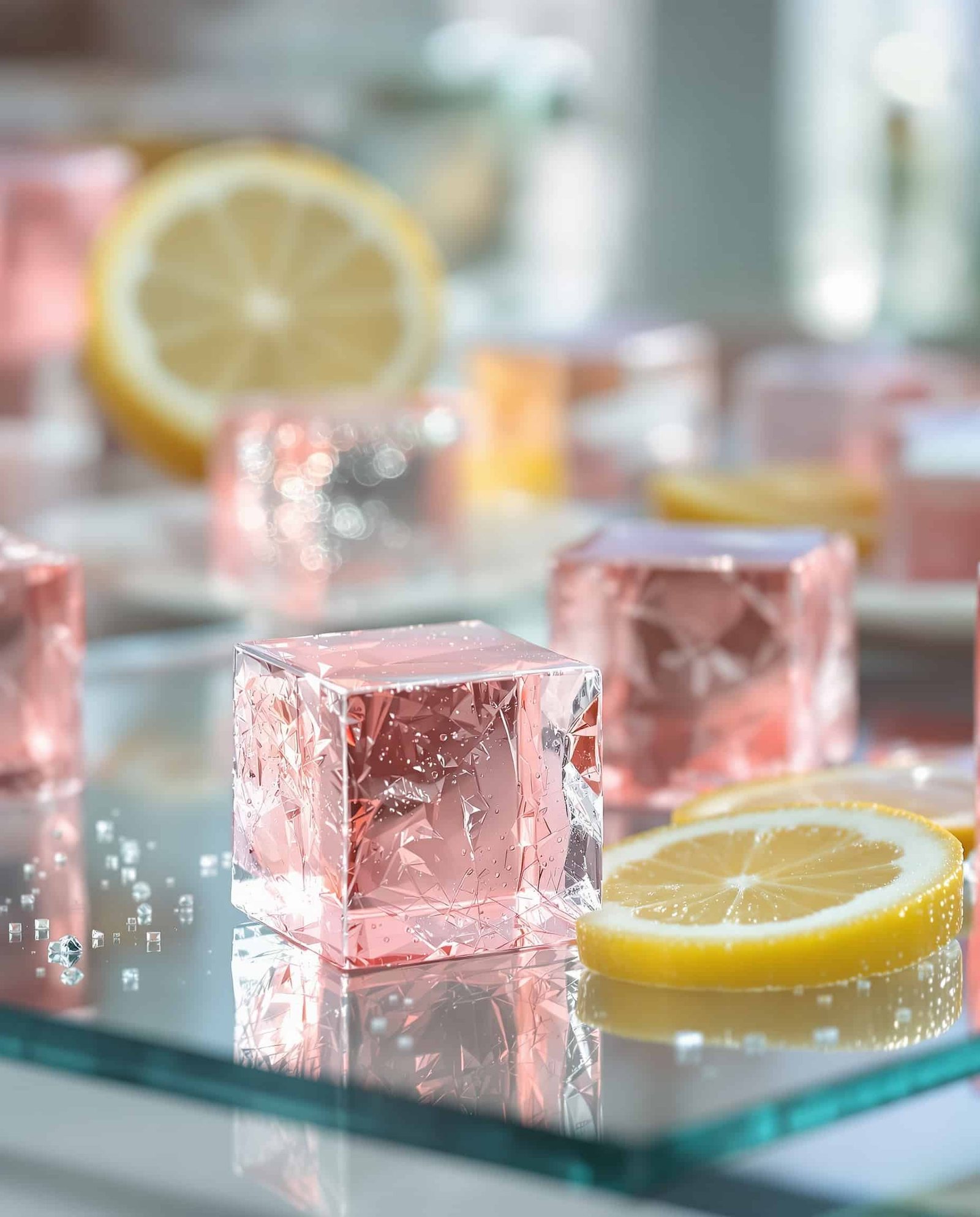 Close-up of jiggly ambre-rose Korean gelatin ACV weight loss cubes.