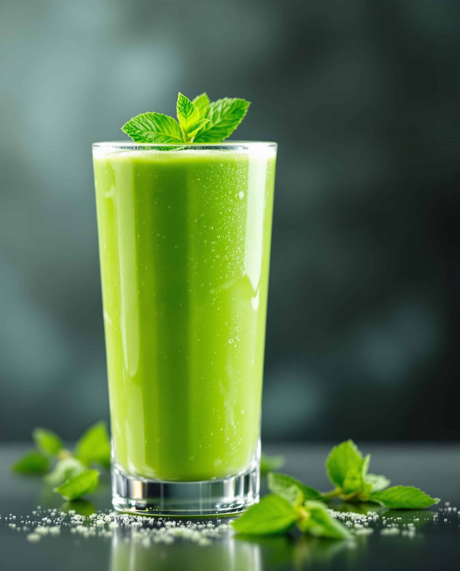 Close-up of a refreshing mint smoothie with a mint sprig, healthy weight loss.
