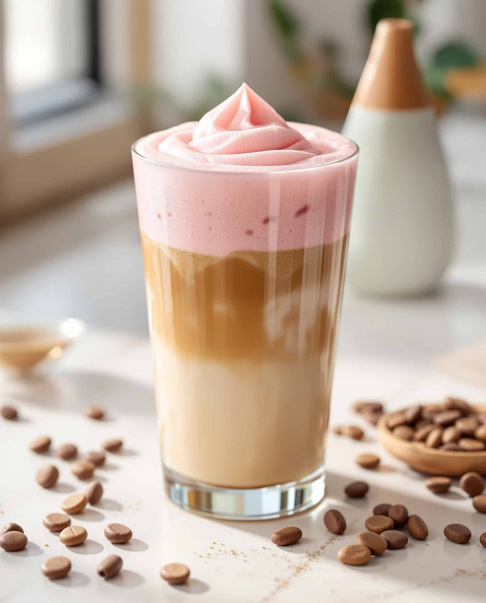 Close-up of fluffy pink cold foam on iced coffee.