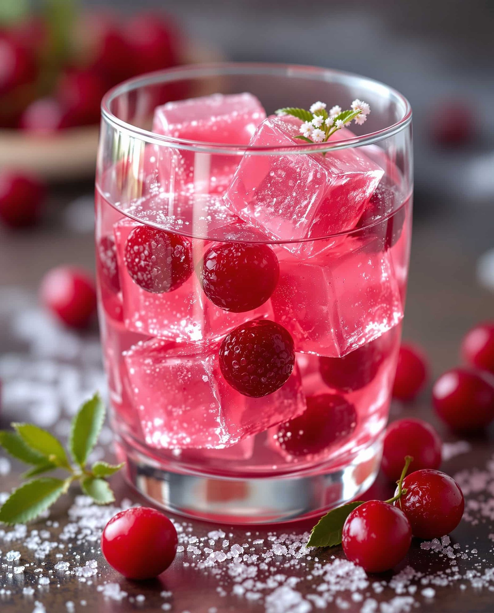 Close-up of rose vif pink gelatin trick for weight loss cubes with cranberries.