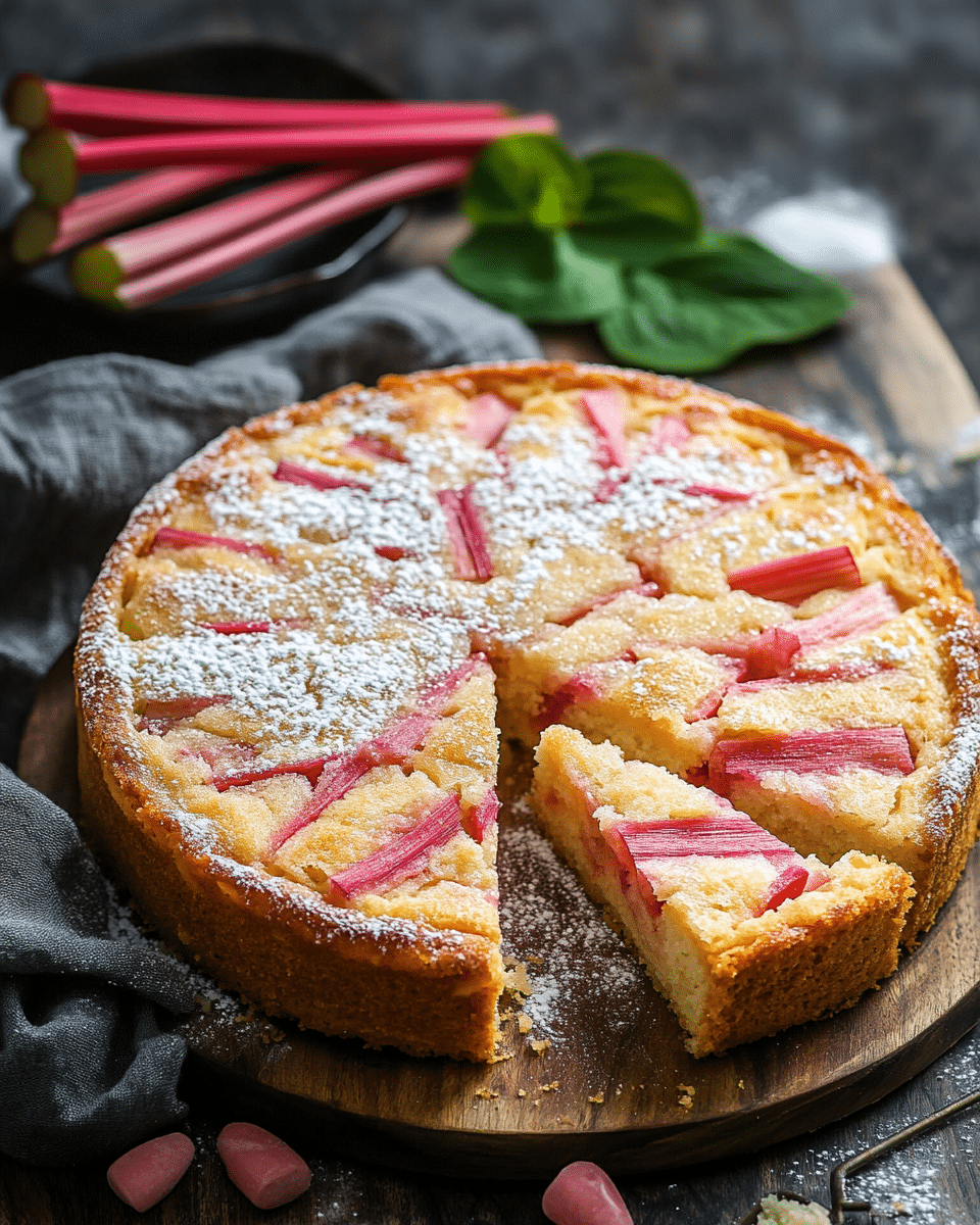 Close up rhubarb cake slice