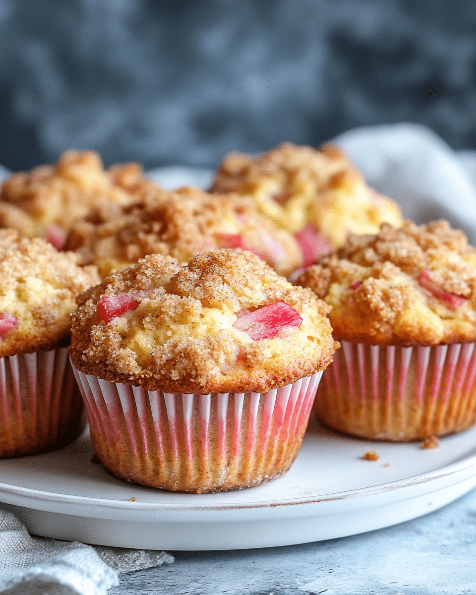 Close-up of a rhubarb muffin showing the texture