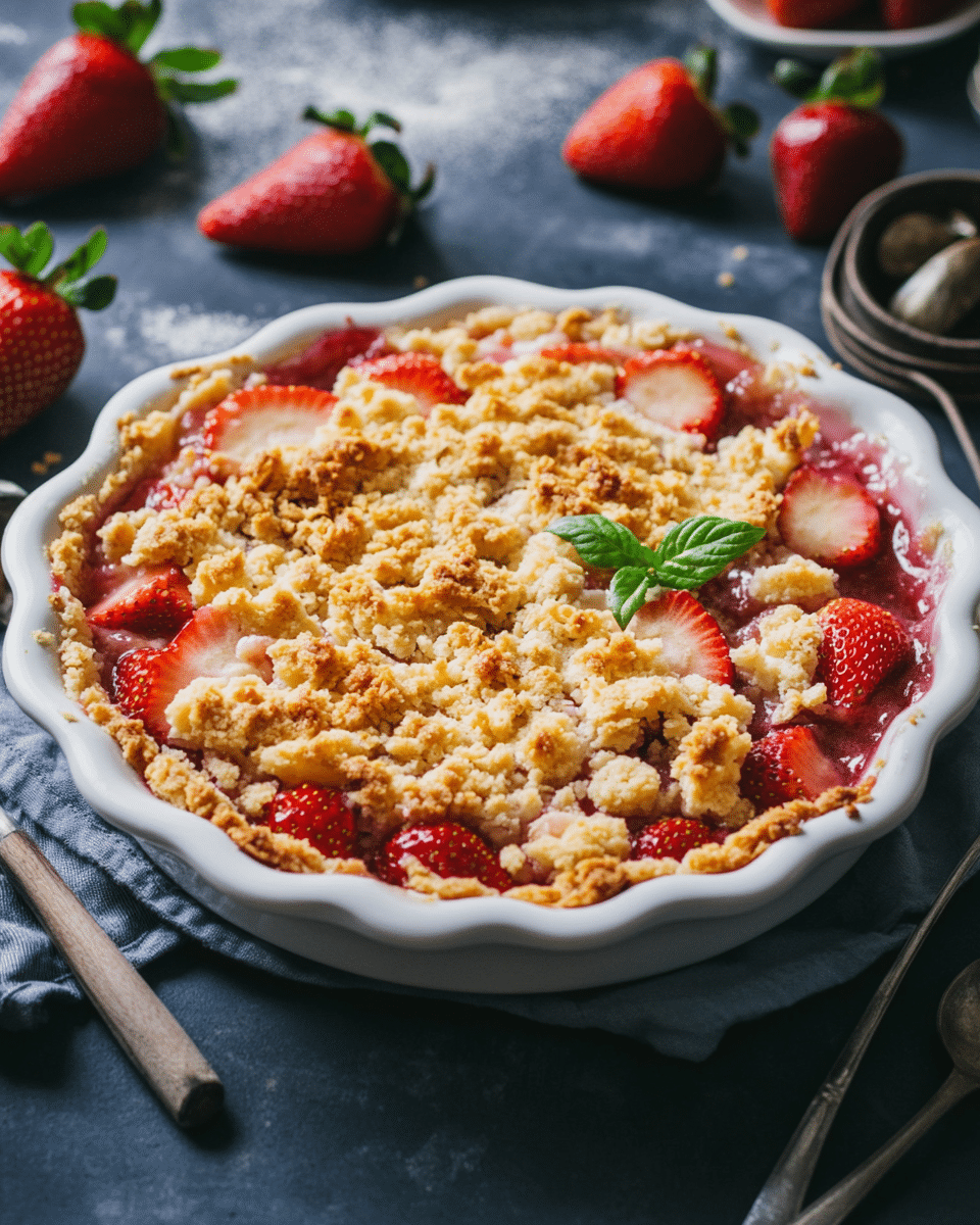 Close up of strawberry rhubarb crumble